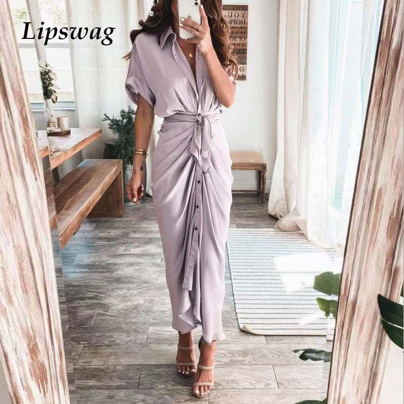 Spring Summer Lapel Button Women Long Dress Elegant Solid Lace-up Slit –  astore.in